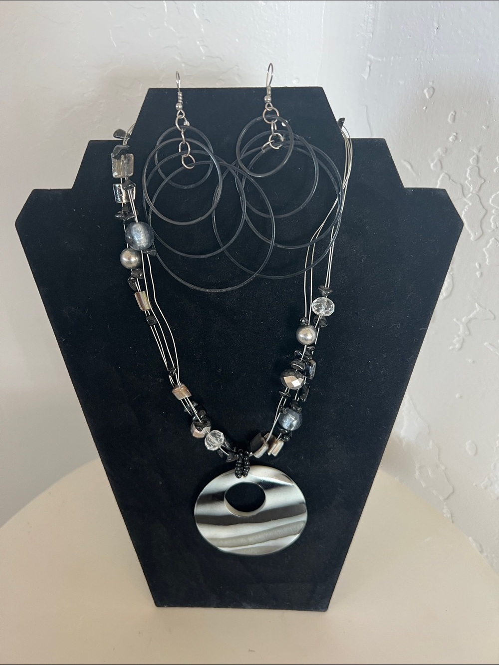 Stylish Black & Silver Round Pendant Necklace with Matching Hoop Earrings